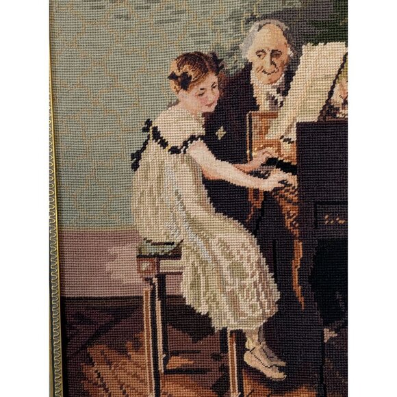Vintage Needlepoint Tapestry Framed Art Piano lesson - Picture 15 of 16